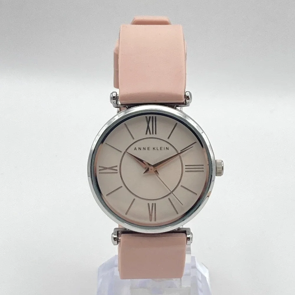 Anne Klein Women's Watch 34mm Silver Tone Beige Dial Silicone Band New Battery